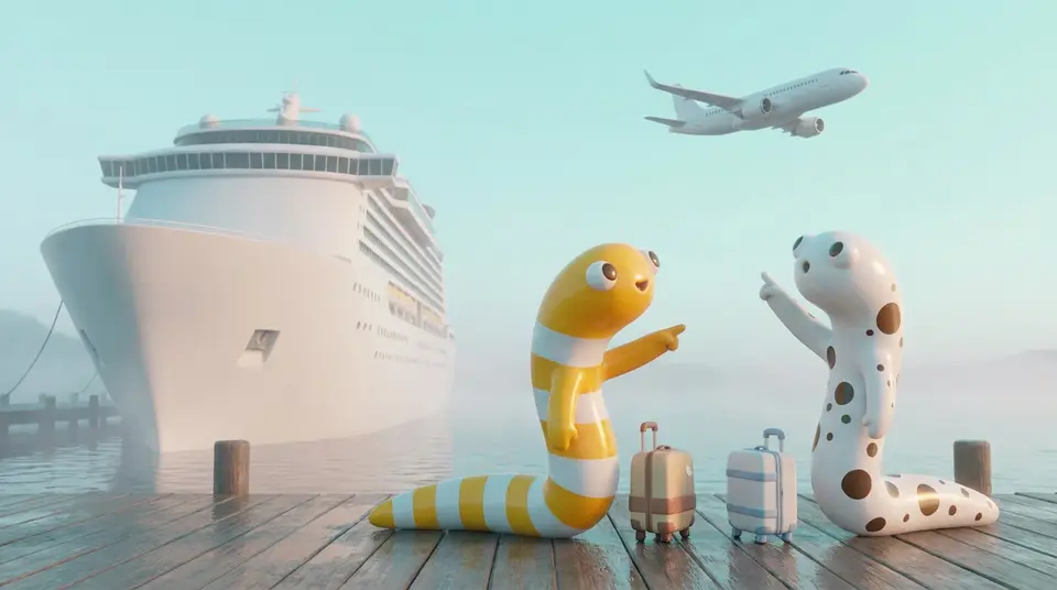 朝の桟橋で、客船と空を飛ぶ旅客機を2匹のマスコットが指さしている絵