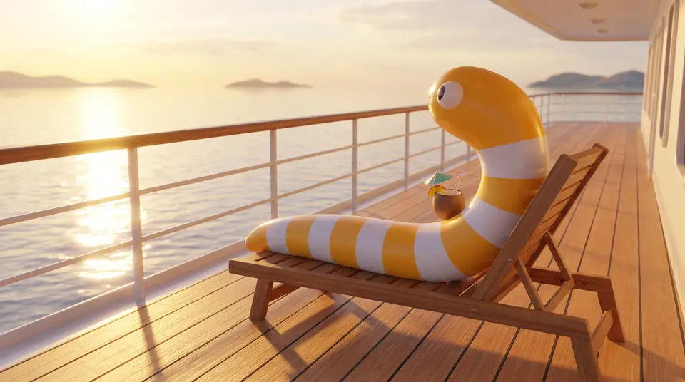 客船の甲板のデッキチェアで、海を見ながらくつろぐ1匹のマスコットの絵